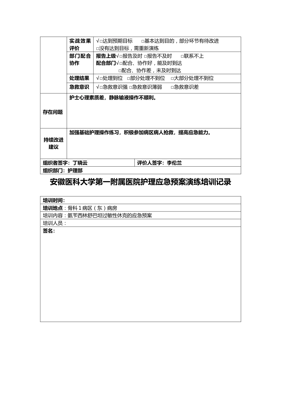 骨科输液过敏性休克应急预案演练记录表_第2页