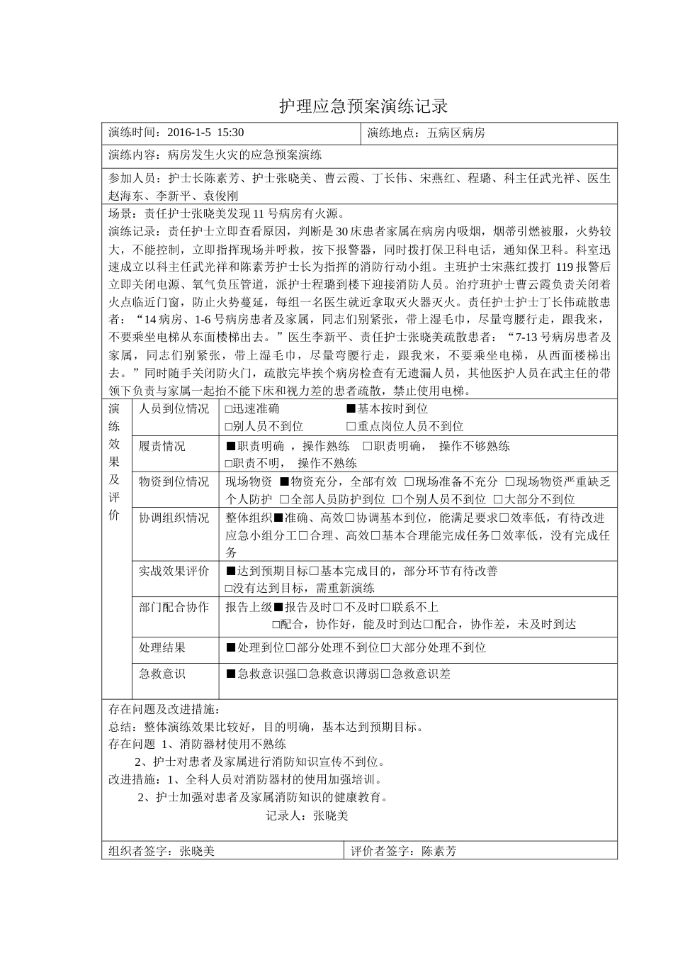 病房发生火灾应急演练脚本记录_第1页