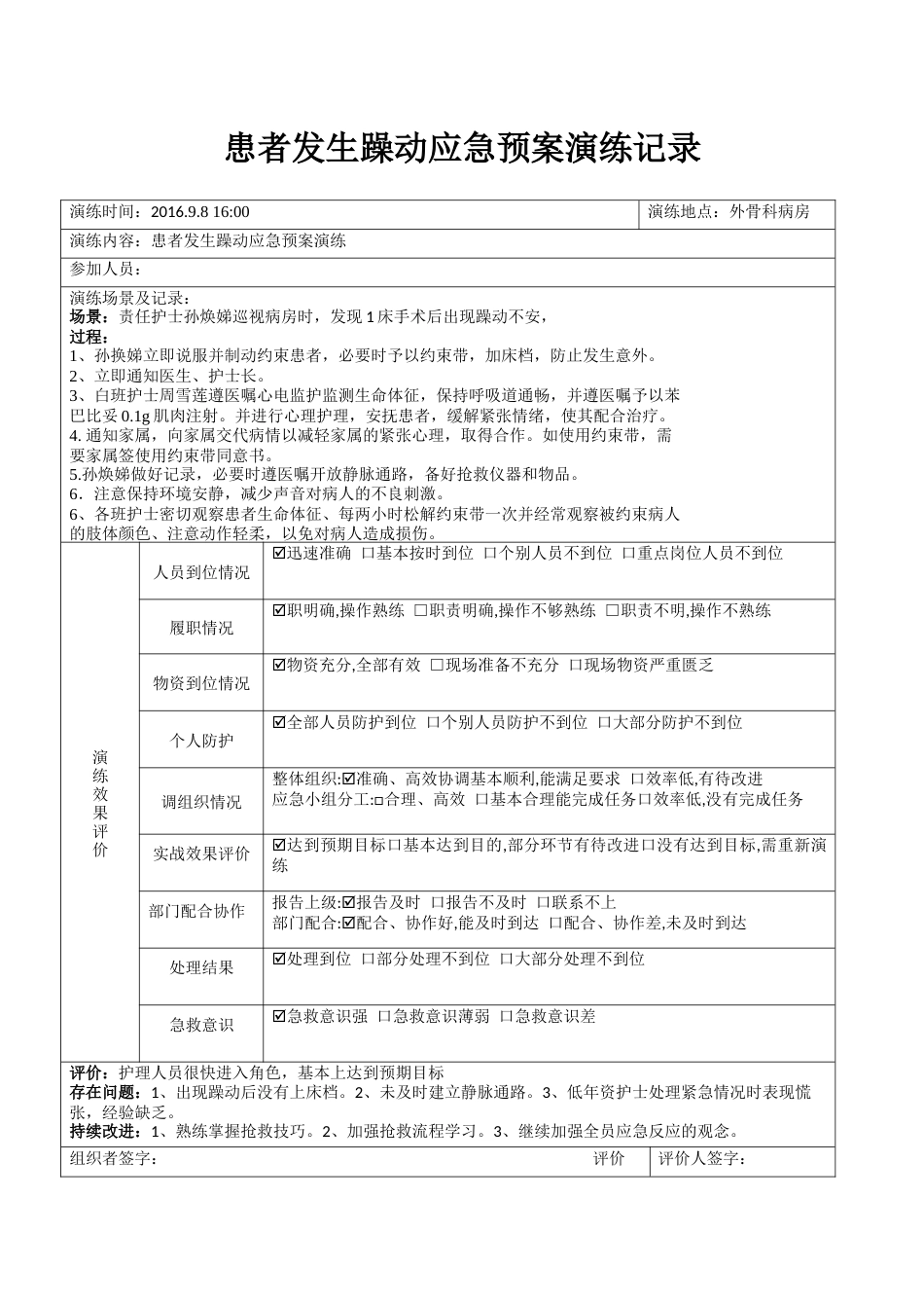患者发生躁动应急预案演练记录表_第1页