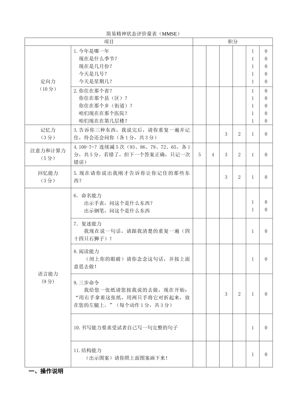 简易精神状态评价量表(MMSE量表)_第1页