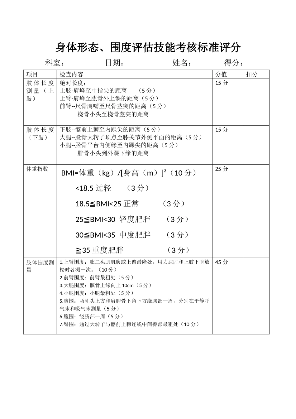 身体形态、围度测量表_第1页