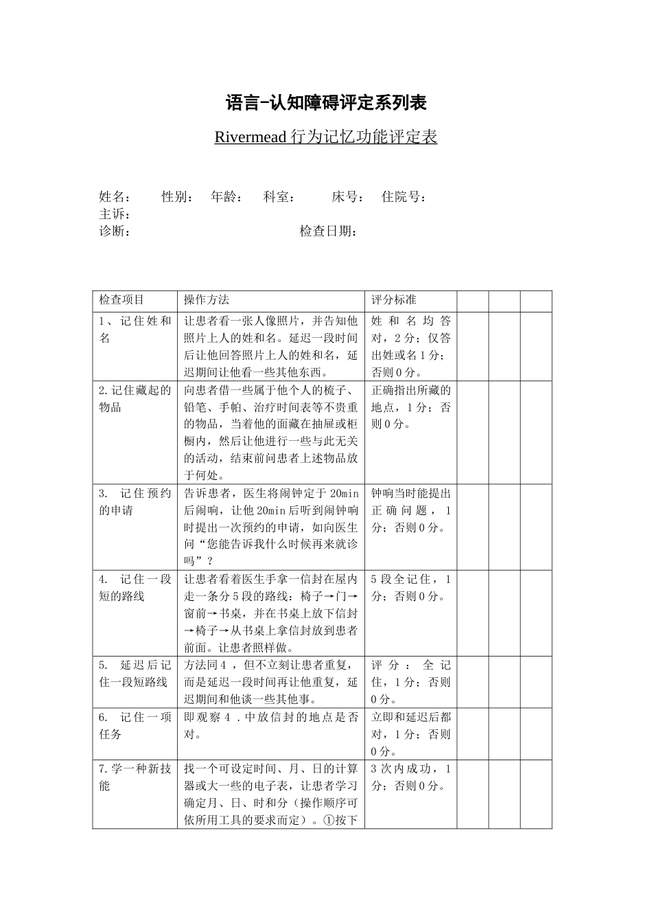 Rivermead行为记忆功能评定_第1页