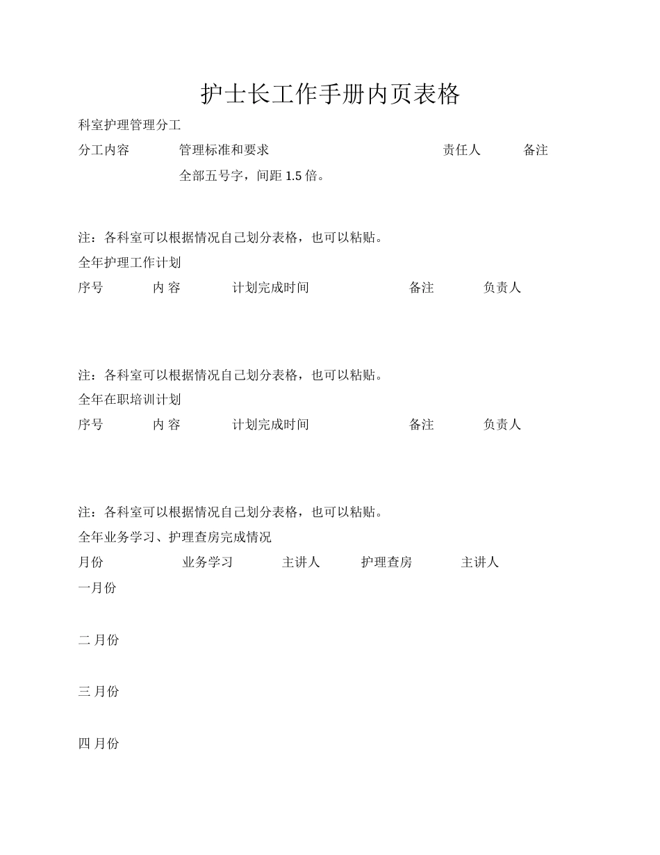 护士长工作手册内页表格_第1页