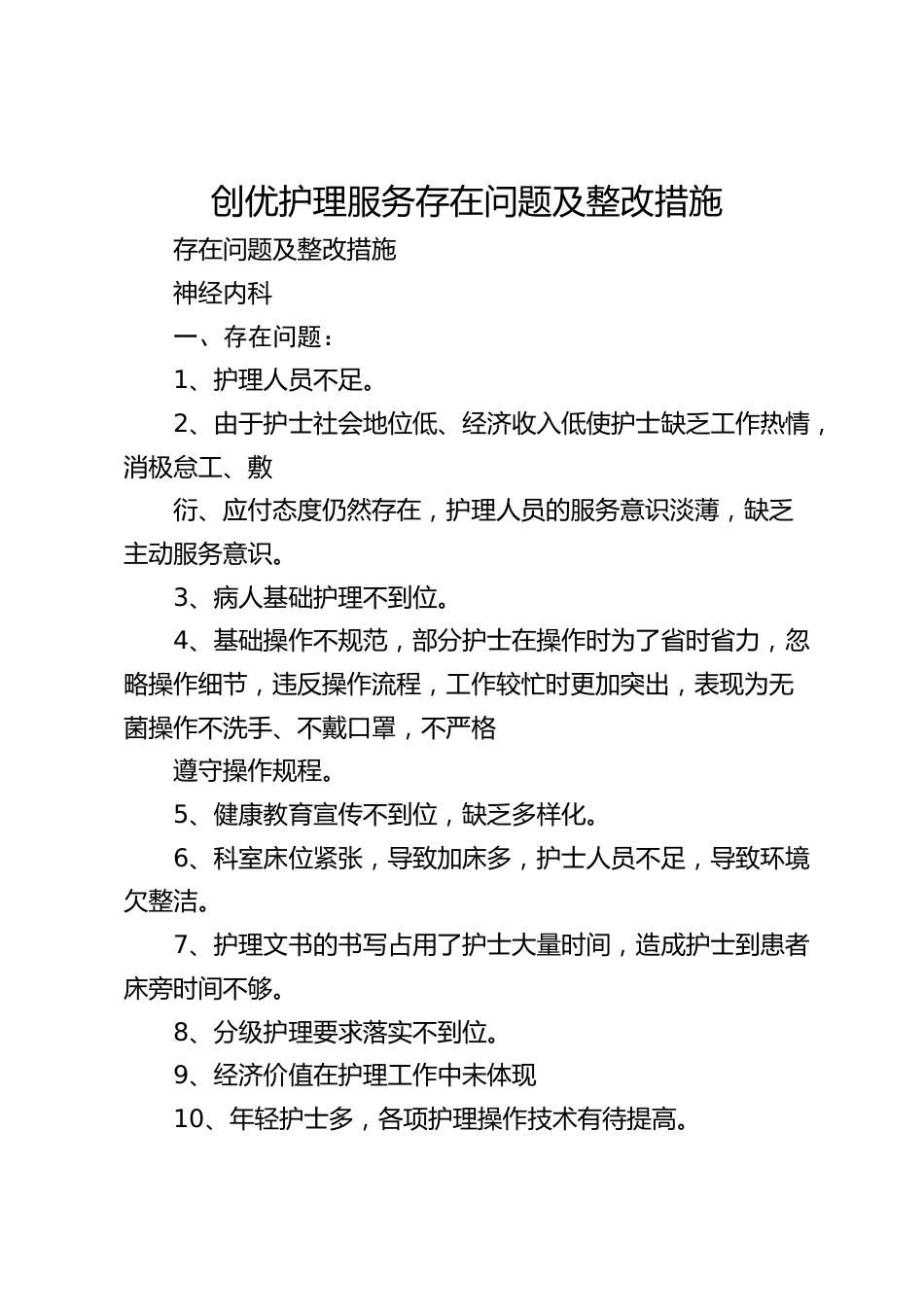 创优护理服务存在问题及整改措施_第1页