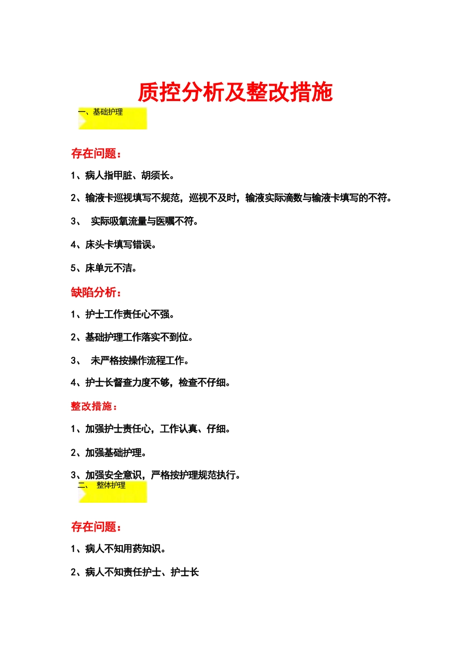 护理质控分析及整改措施9页_第1页
