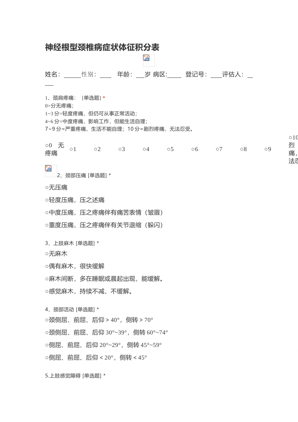 神经根型颈椎病症状体征积分表_第1页